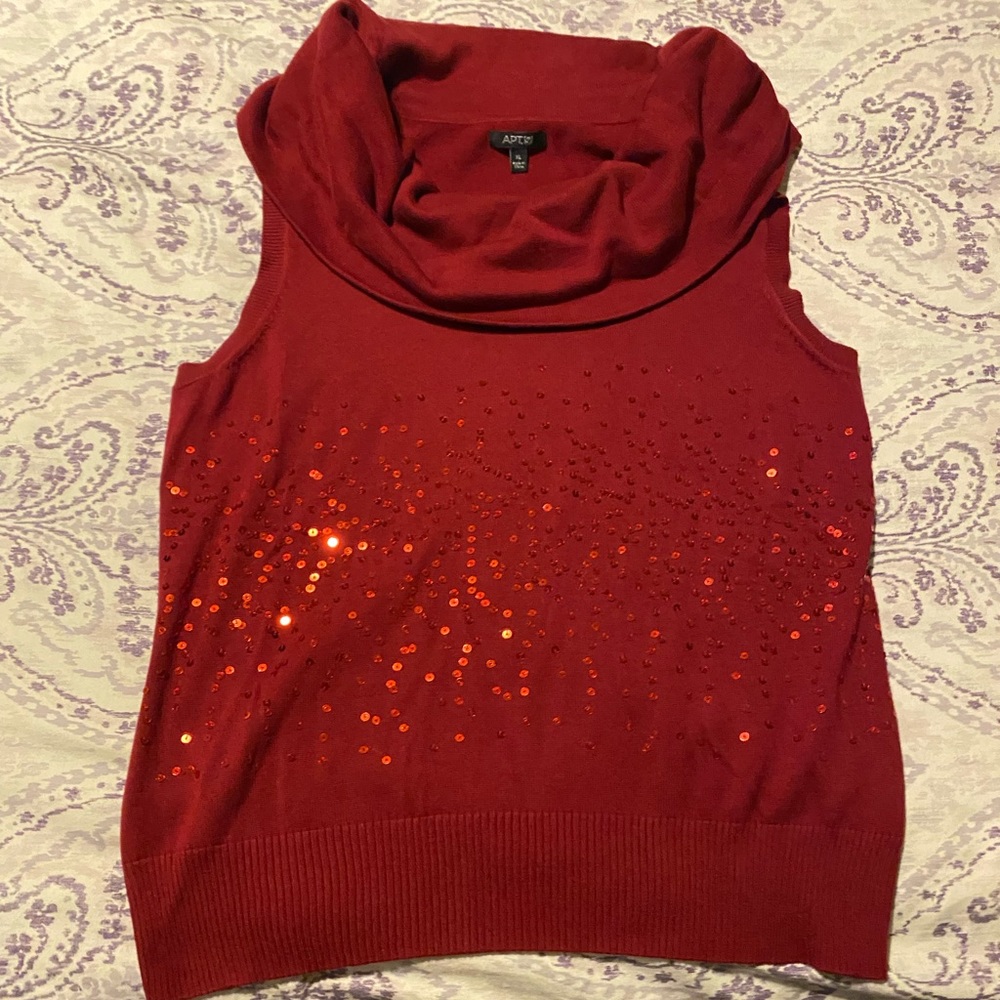 Women’s Sz XL Sleeveless Red Sweater with Cowl Neck and Sequins.